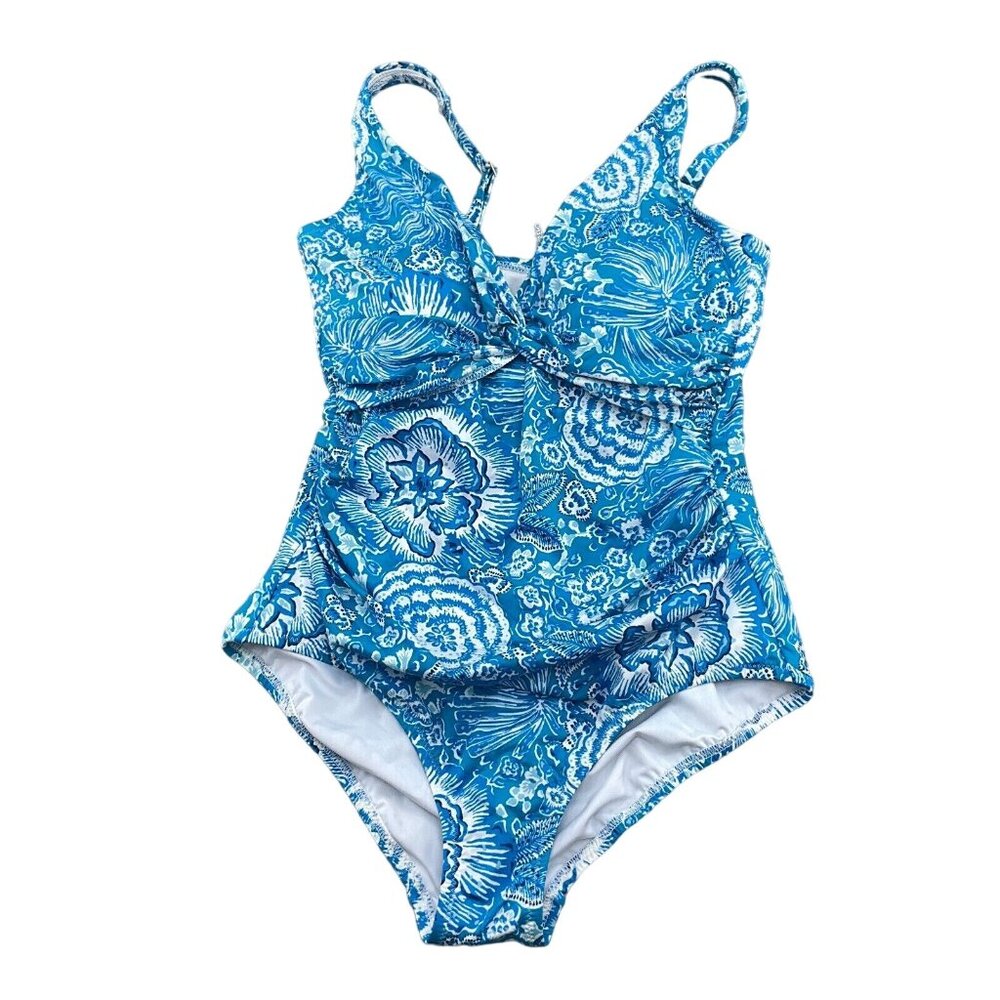 Lands End 1pc Swimsuit Women 6 Blue White Floral Twist Pad Bra Draped Tropical
